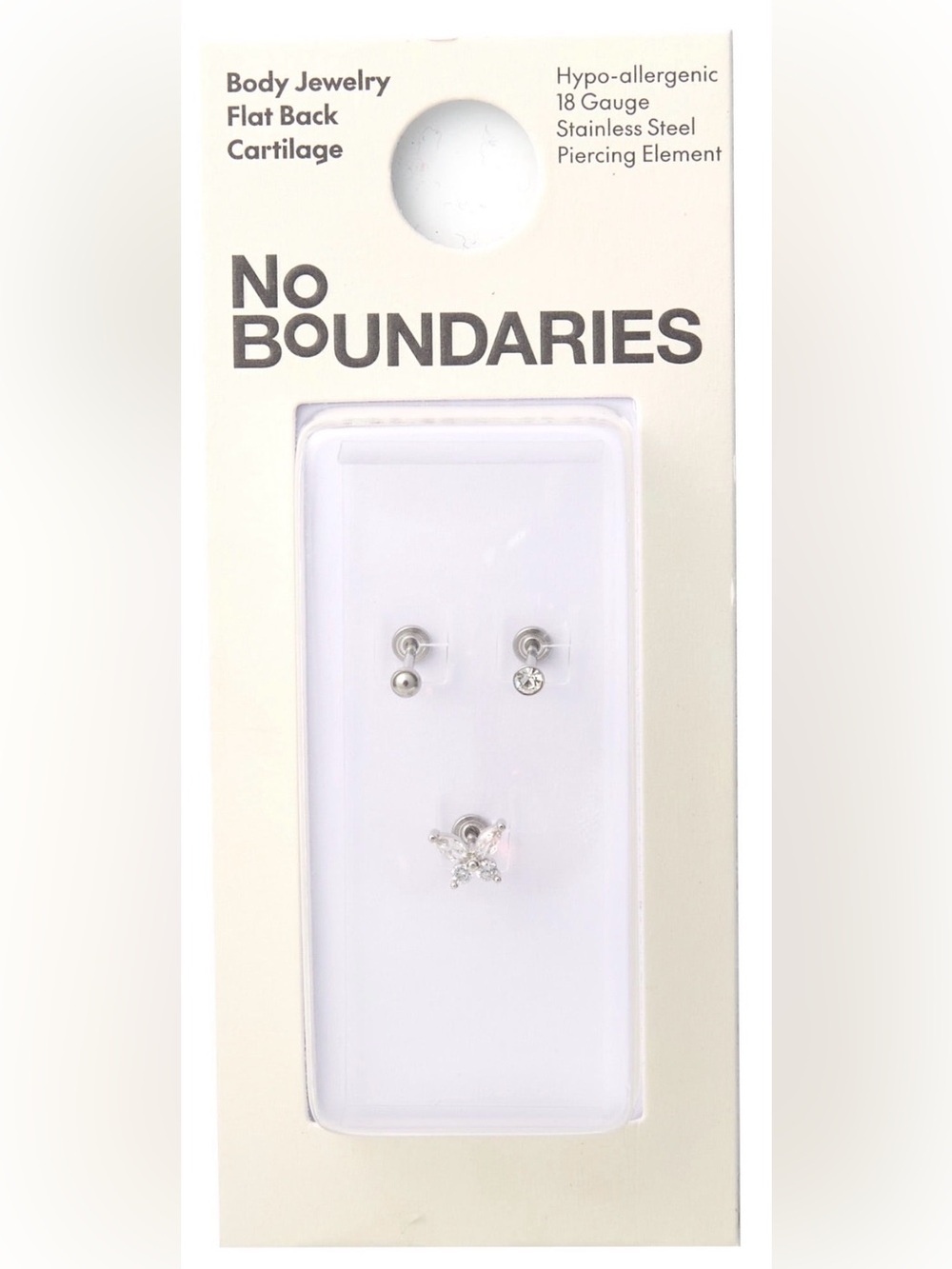 No Boundaries Silver Flat Back Body Cartilage Piercing Jewelry - 3 pack, NEW